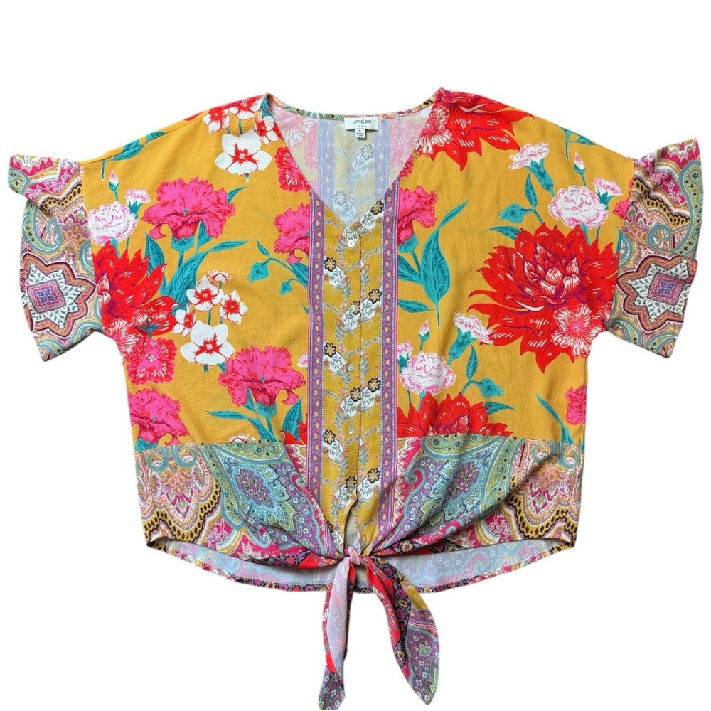 Umgee Floral Tie-Front Blouse - Red, Pink, Yellow, Blue